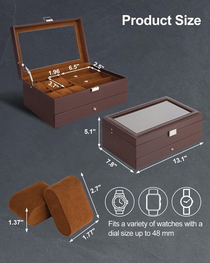Jenseits Watch Organizer & Jewelry Box for Men – 6 Watch Slots, 3 Sunglass Slots, Drawer for Rings, Bracelets & Cufflinks, 2-Layer Leather Watch Display Case w/Glass Lid, Gift for Men & Women, Brown - Image 5